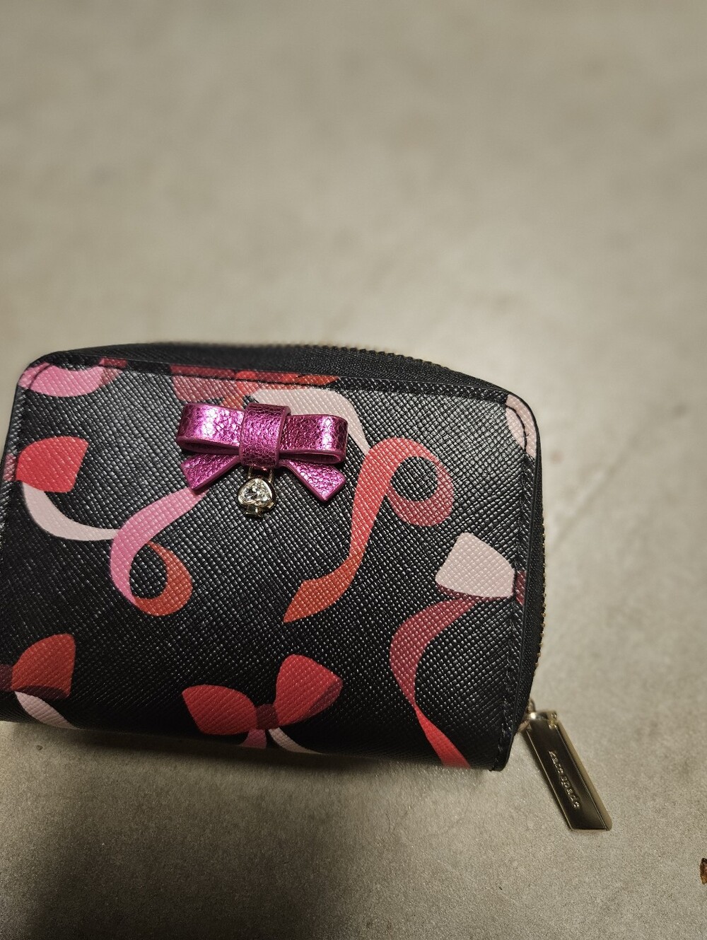 kate spade Black Wallet with Pink Metallic Bow and Ribbon Print